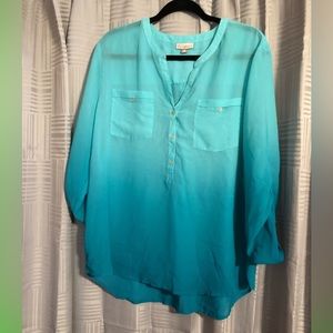 Roz & Ali blue ombré 3/4 length sleeve 1/2 button down XL